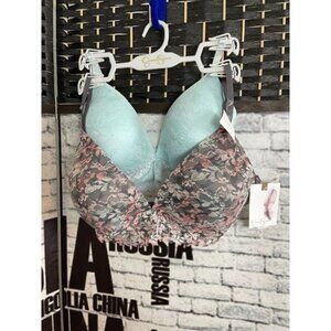Jessica Simpson 2 Pk 38C Gray-Turquoise Floral Lace Wireless Extra Comfort Bra